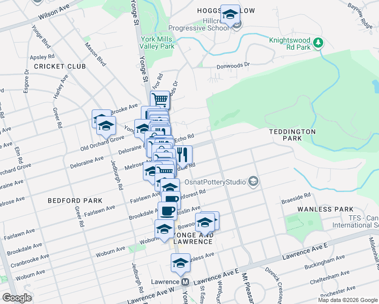 map of restaurants, bars, coffee shops, grocery stores, and more near 97 Bocastle Avenue in Toronto
