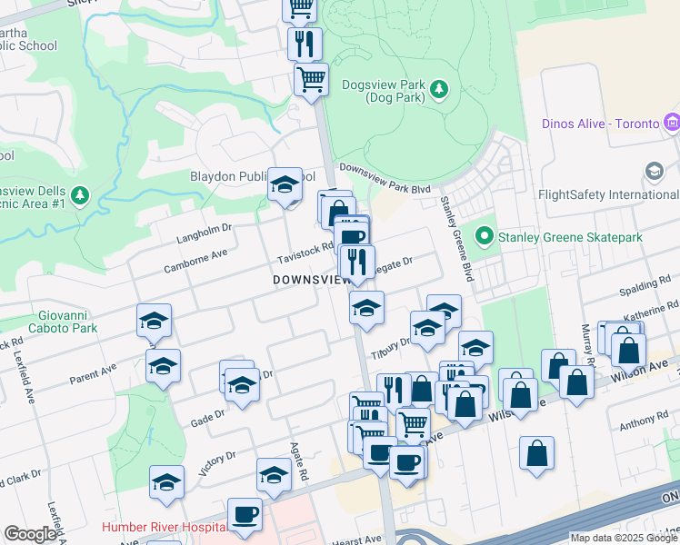 map of restaurants, bars, coffee shops, grocery stores, and more near in Toronto