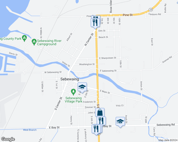 map of restaurants, bars, coffee shops, grocery stores, and more near 202 Washington Street in Sebewaing