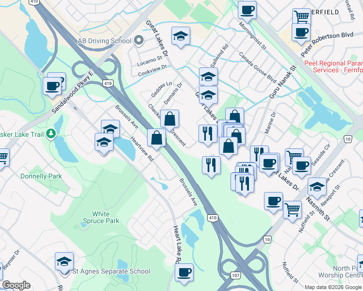 map of restaurants, bars, coffee shops, grocery stores, and more near 131 Checkerberry Crescent in Brampton