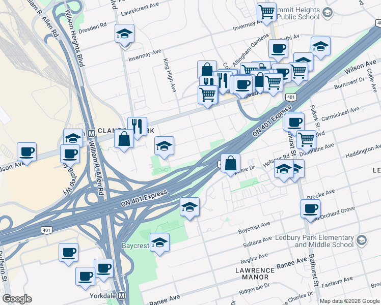 map of restaurants, bars, coffee shops, grocery stores, and more near 38 Touraine Avenue in Toronto