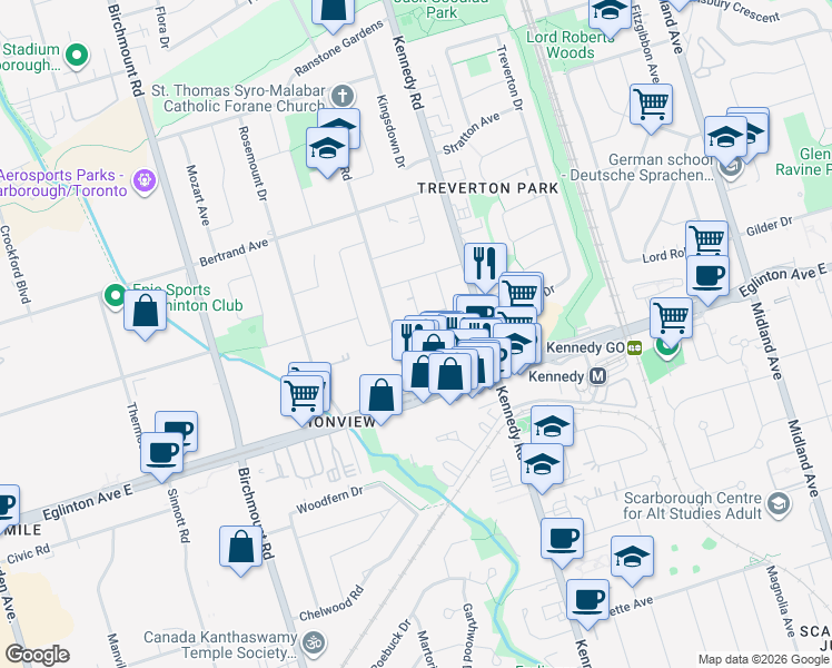 map of restaurants, bars, coffee shops, grocery stores, and more near 14 Rensburg Drive in Toronto