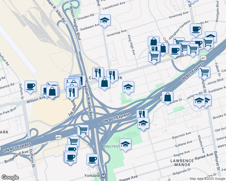 map of restaurants, bars, coffee shops, grocery stores, and more near 31 Tippett Road in Toronto