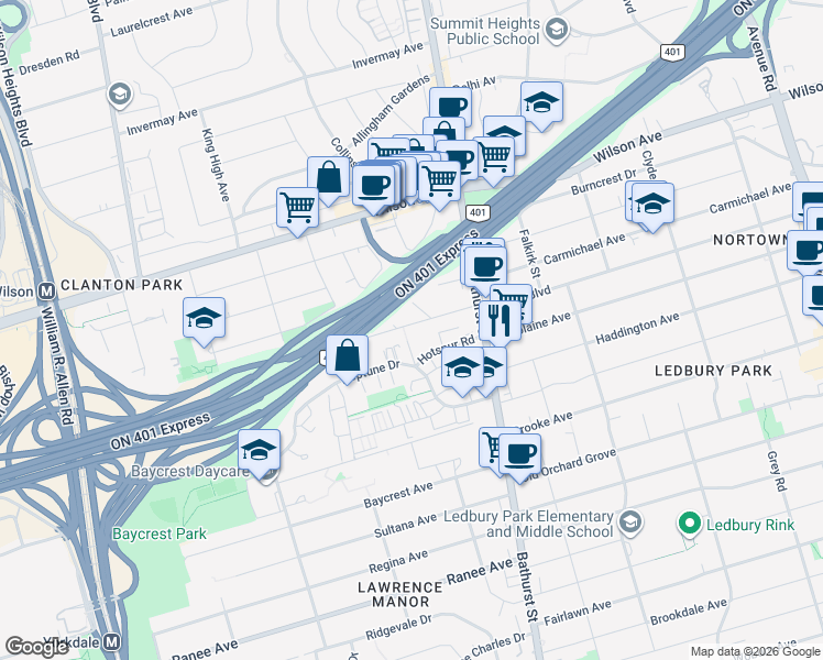 map of restaurants, bars, coffee shops, grocery stores, and more near 28 Carhartt Street in Toronto