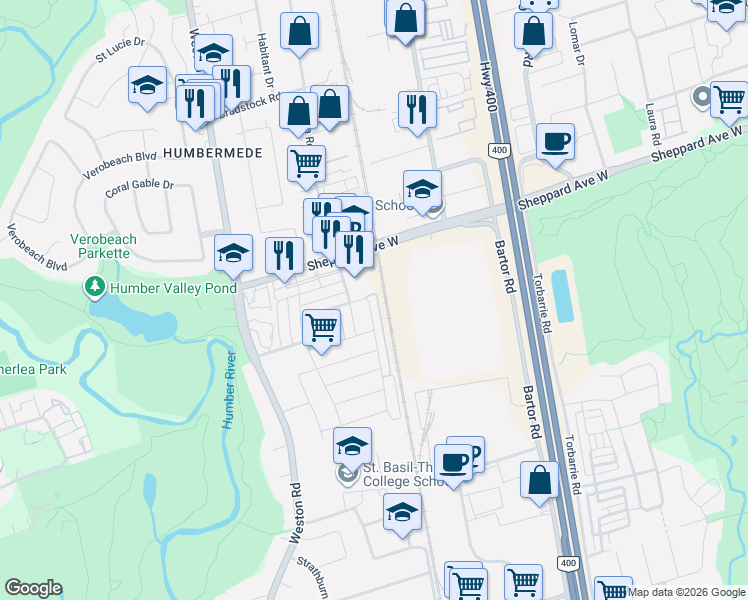 map of restaurants, bars, coffee shops, grocery stores, and more near 161 Isaac Devins Boulevard in Toronto