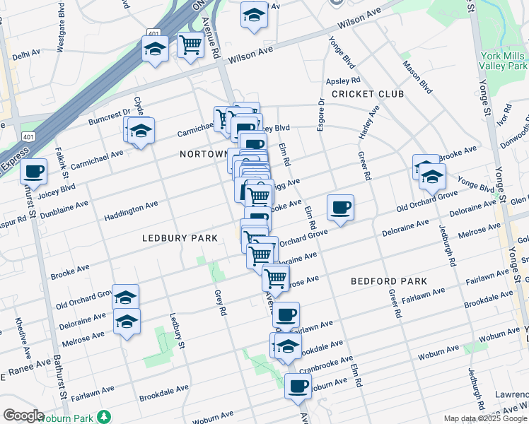 map of restaurants, bars, coffee shops, grocery stores, and more near Brooke Avenue in Toronto