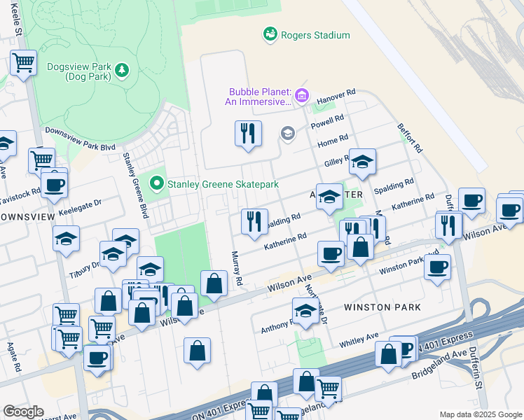map of restaurants, bars, coffee shops, grocery stores, and more near in Toronto