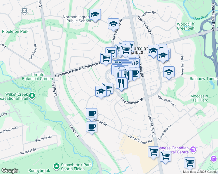 map of restaurants, bars, coffee shops, grocery stores, and more near 150 The Donway West in Toronto