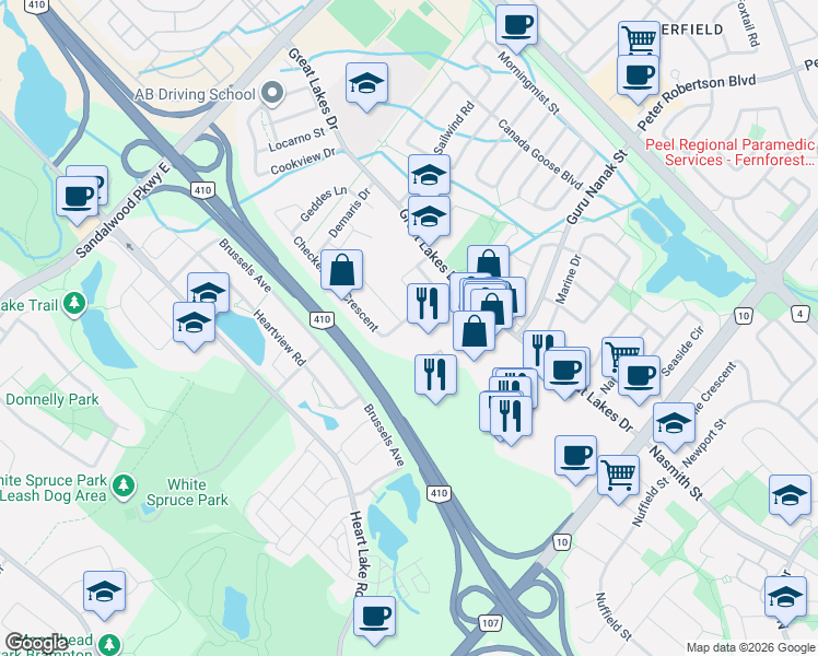 map of restaurants, bars, coffee shops, grocery stores, and more near 83 Checkerberry Crescent in Brampton