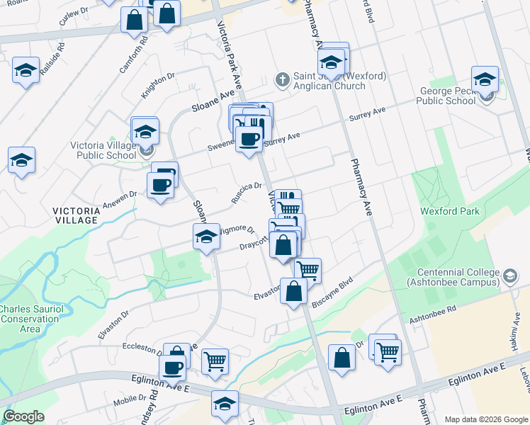 map of restaurants, bars, coffee shops, grocery stores, and more near 1690 Victoria Park Avenue in Toronto