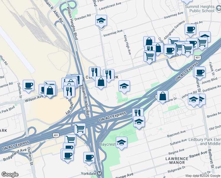 map of restaurants, bars, coffee shops, grocery stores, and more near 105 McCaul Street in Toronto