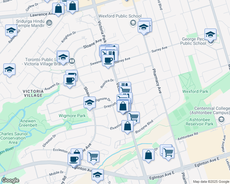map of restaurants, bars, coffee shops, grocery stores, and more near 1690 Victoria Park Avenue in Toronto