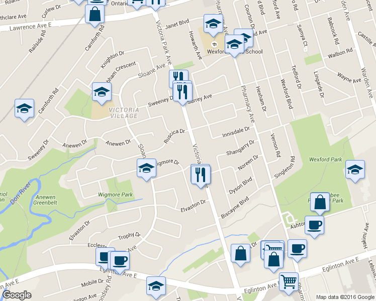 map of restaurants, bars, coffee shops, grocery stores, and more near in Toronto