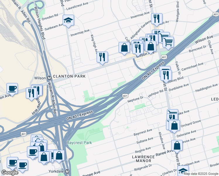 map of restaurants, bars, coffee shops, grocery stores, and more near 25 Delahaye Street in Toronto