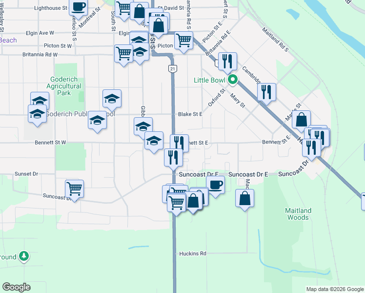 map of restaurants, bars, coffee shops, grocery stores, and more near 114 Bennett Street East in Goderich