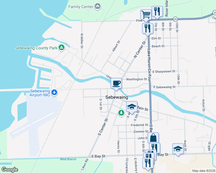 map of restaurants, bars, coffee shops, grocery stores, and more near 19 North Center Street in Sebewaing