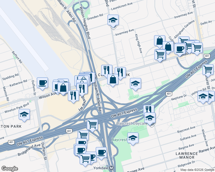 map of restaurants, bars, coffee shops, grocery stores, and more near in Toronto