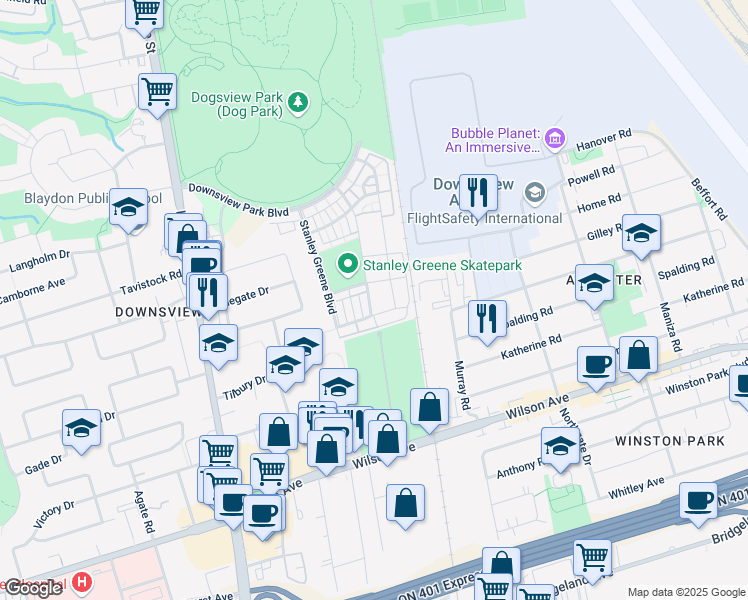 map of restaurants, bars, coffee shops, grocery stores, and more near 57 John Perkins Bull Drive in Toronto