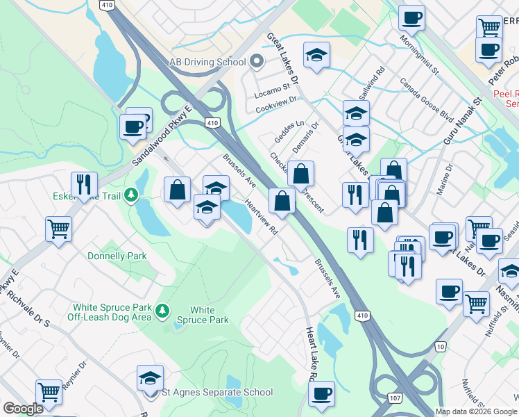map of restaurants, bars, coffee shops, grocery stores, and more near in Brampton