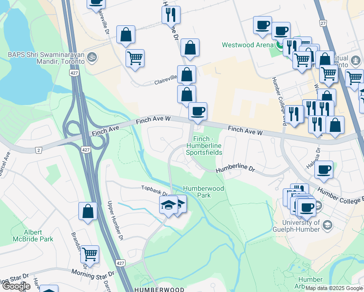 map of restaurants, bars, coffee shops, grocery stores, and more near 1710 Humberwood Boulevard in Toronto