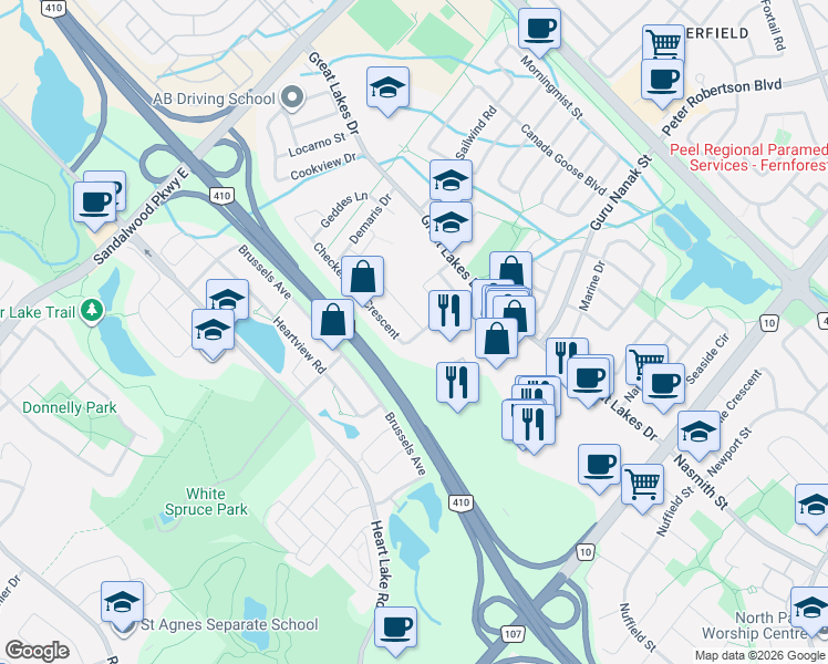 map of restaurants, bars, coffee shops, grocery stores, and more near 24 Checkerberry Crescent in Brampton