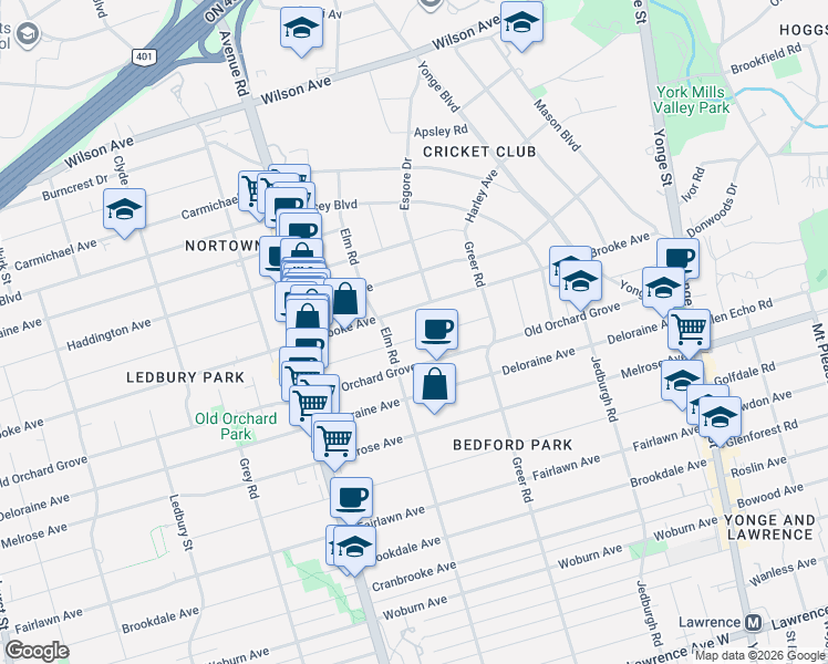 map of restaurants, bars, coffee shops, grocery stores, and more near 90 Roe Avenue in Toronto