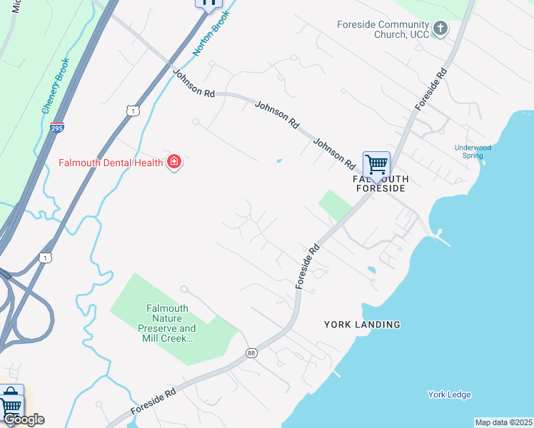 map of restaurants, bars, coffee shops, grocery stores, and more near 55 Applegate Lane in Falmouth