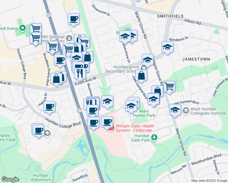 map of restaurants, bars, coffee shops, grocery stores, and more near 49 Kiskadee Drive in Toronto