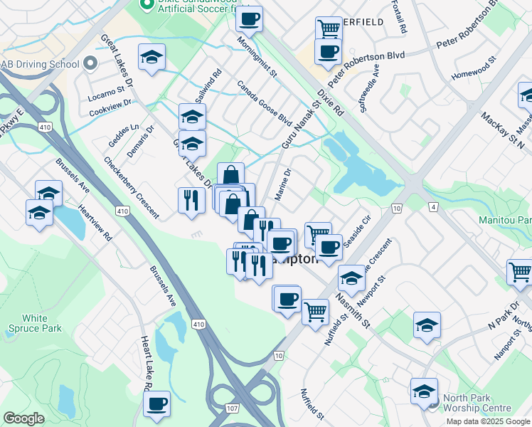 map of restaurants, bars, coffee shops, grocery stores, and more near 525 Peter Robertson Boulevard in Brampton