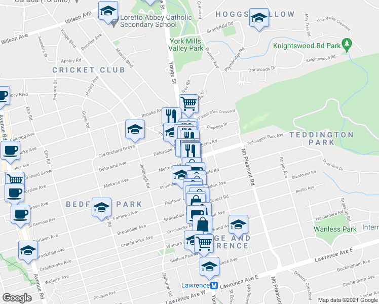 map of restaurants, bars, coffee shops, grocery stores, and more near 3437 Yonge Street in Toronto