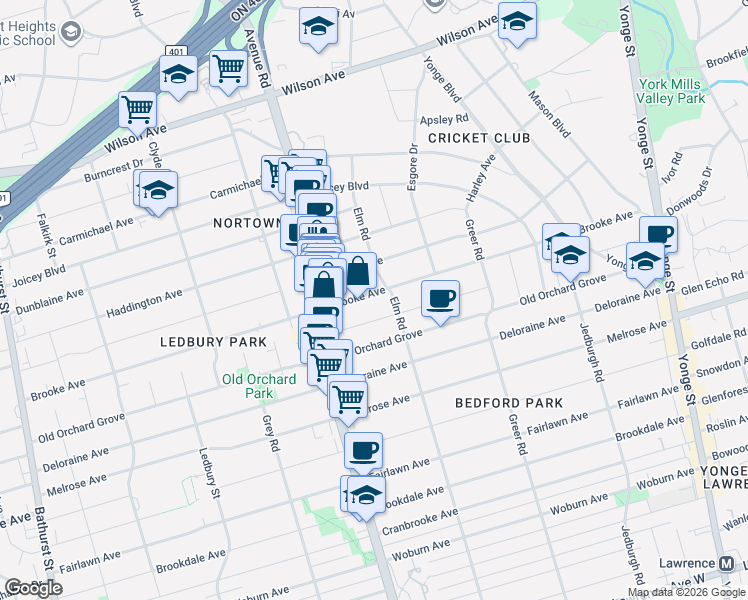 map of restaurants, bars, coffee shops, grocery stores, and more near 187 Brooke Avenue in Toronto