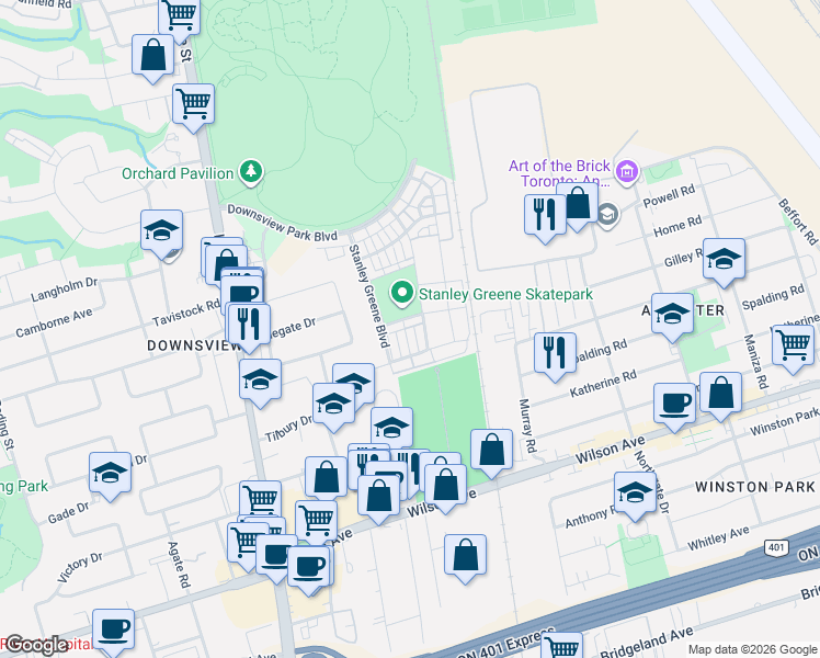 map of restaurants, bars, coffee shops, grocery stores, and more near 37 Caroline Carpenter Grove in Toronto
