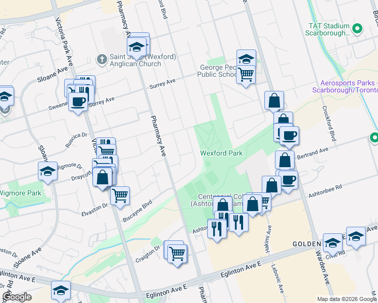 map of restaurants, bars, coffee shops, grocery stores, and more near 46 Singleton Road in Toronto