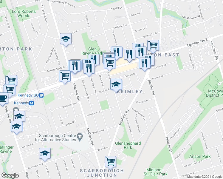map of restaurants, bars, coffee shops, grocery stores, and more near 56 Falmouth Avenue in Toronto