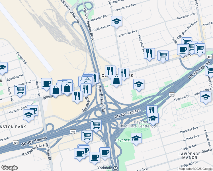map of restaurants, bars, coffee shops, grocery stores, and more near 38 Monte Kwinter Court in Toronto
