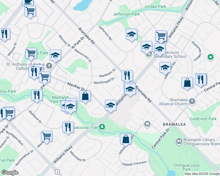 map of restaurants, bars, coffee shops, grocery stores, and more near 30 Mcgillivary Crescent in Brampton