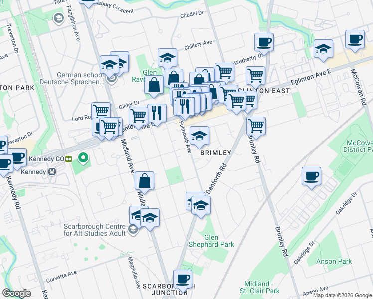 map of restaurants, bars, coffee shops, grocery stores, and more near 56 Falmouth Avenue in Toronto
