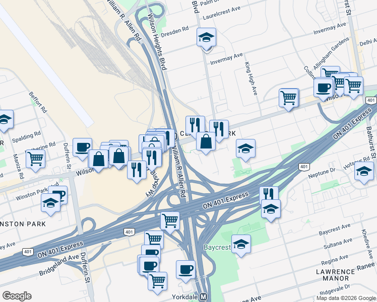 map of restaurants, bars, coffee shops, grocery stores, and more near 38 Monte Kwinter Court in Toronto