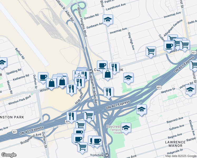 map of restaurants, bars, coffee shops, grocery stores, and more near 38 Monte Kwinter Court in Toronto