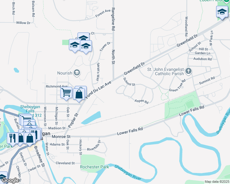 map of restaurants, bars, coffee shops, grocery stores, and more near 1114 Aspen Court in Kohler