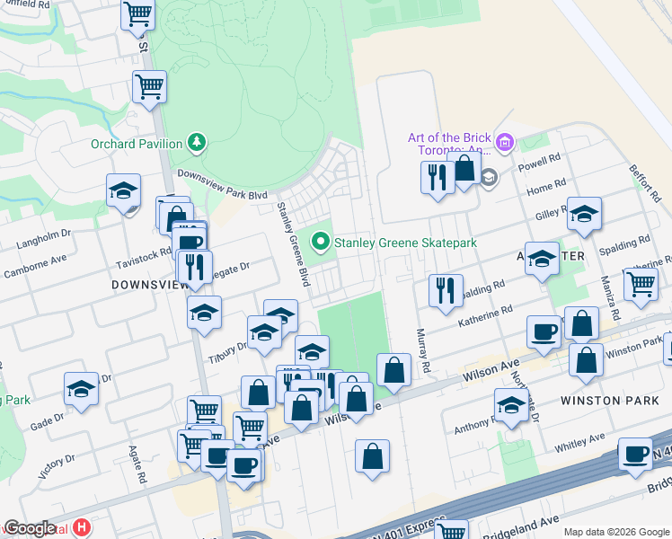 map of restaurants, bars, coffee shops, grocery stores, and more near 34 Frederick Tisdale Drive in Toronto