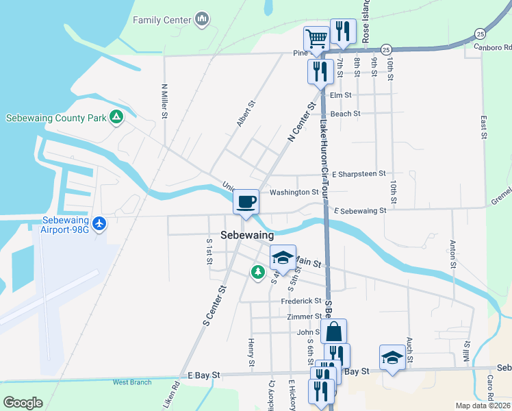 map of restaurants, bars, coffee shops, grocery stores, and more near 9 Union Street in Sebewaing
