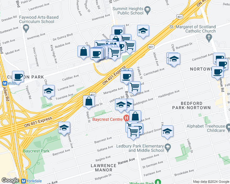 map of restaurants, bars, coffee shops, grocery stores, and more near in Toronto