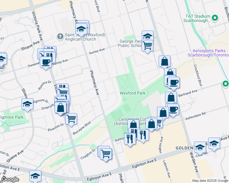 map of restaurants, bars, coffee shops, grocery stores, and more near 46 Singleton Road in Toronto