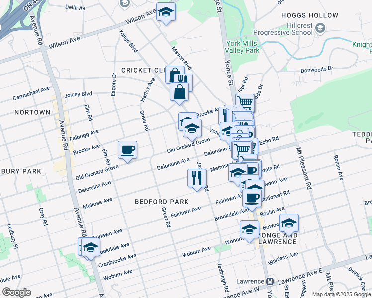 map of restaurants, bars, coffee shops, grocery stores, and more near in Toronto