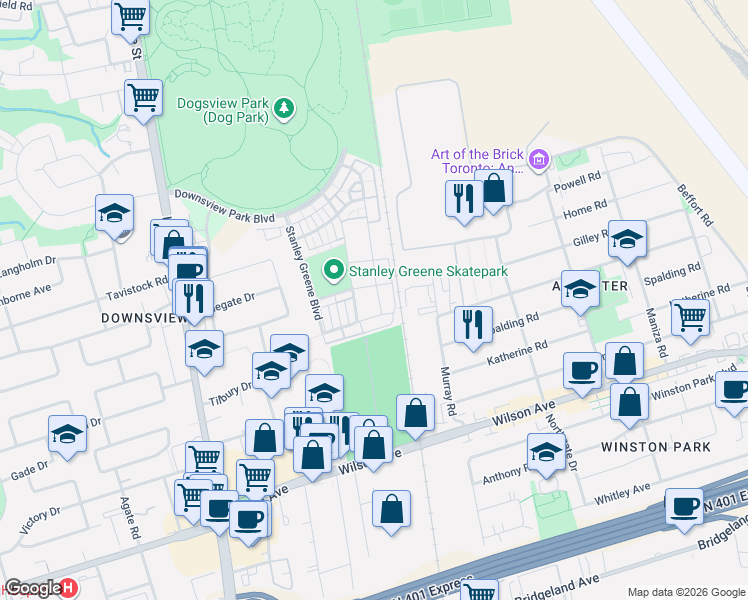 map of restaurants, bars, coffee shops, grocery stores, and more near 36 William Duncan Road in Toronto