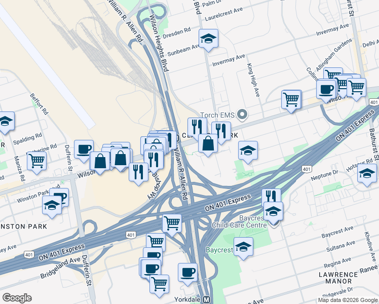map of restaurants, bars, coffee shops, grocery stores, and more near in Toronto