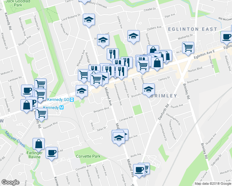 map of restaurants, bars, coffee shops, grocery stores, and more near 110 Commonwealth Avenue in Toronto