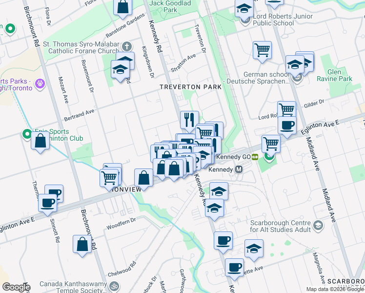 map of restaurants, bars, coffee shops, grocery stores, and more near 806 Kennedy Road in Toronto