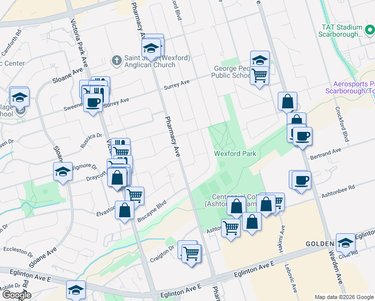map of restaurants, bars, coffee shops, grocery stores, and more near 36 Vernon Road in Toronto